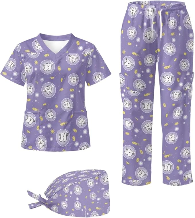 Gomyblomy Women's Scrubs Suit 3-Piece Set | Teeth Print V-Neck Top & Pants & Cap, Breathable and Stretch Fabric, S-5XL