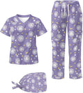 Gomyblomy Women's Scrubs Suit 3-Piece Set | Teeth Print V-Neck Top & Pants & Cap, Breathable and Stretch Fabric, S-5XL