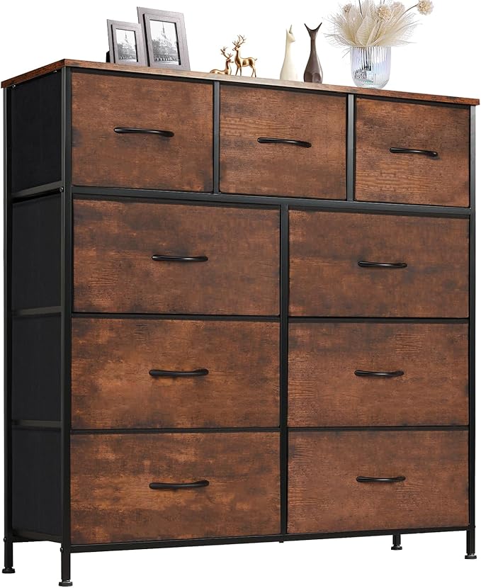 Sweetcrispy Dresser for Bedroom with 9 Drawers, Large Fabric Dresser | Storage Tower Organizer, Chest of Drawers with Metal Frame Wooden Top for Closet, Living Room, Entryway, Brown