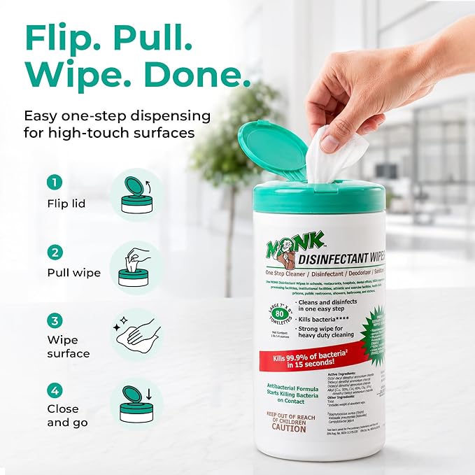 Monk Disinfecting Wipes 6 Canisters of 80 Count for Commercial Facilities | Heavy Duty Cleaning Wipes - 3in1 Disinfectant, Deodorizer & Sanitizer Cleaning Supplies – All Purpose Cleaner for Home & Gym
