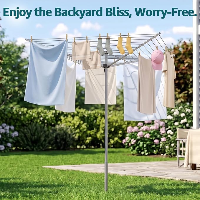 131FT Outdoor Umbrella Clothes Drying Rack | 131FT Metal Drying Rack Clothing, 4-Arm 360°Rotary, Collapsible Clothesline for Lawn Garden Backyard, 67.52" Height