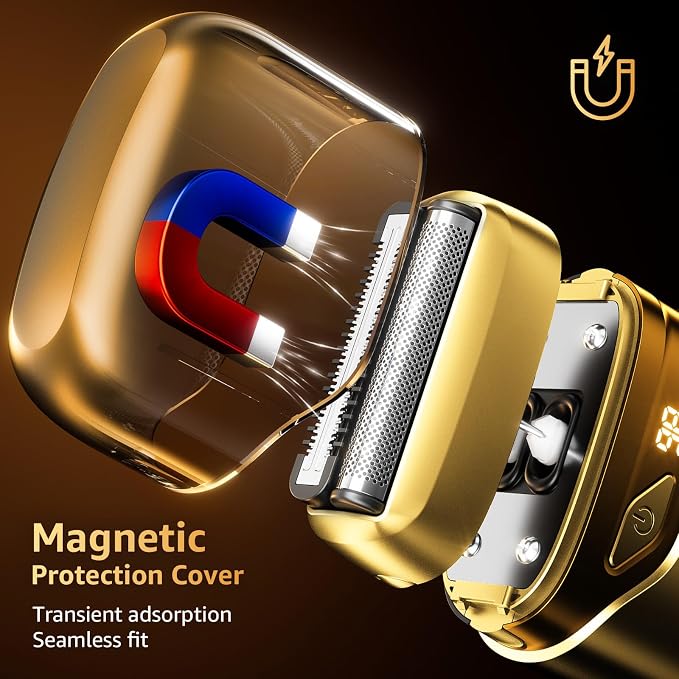 Mbzoey Electric Foil Shavers for Men: IPX7 Waterproof - Light Gold | Mini Razor for Travel- Face Shaver with LED Display & USB-C Fast Charge - Micro-Comb Technology & Precision Blades