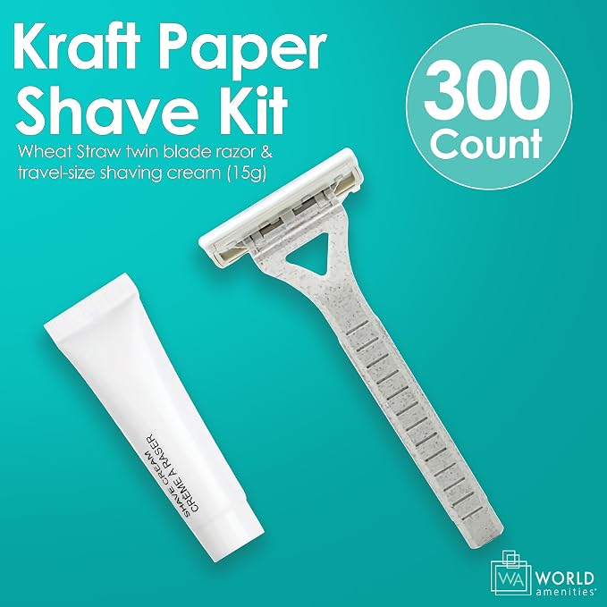 World Amenities Kraft Paper Shave Kit - Wheat Straw Dual Blade Safety Razor and Shave Cream Set (300 Pack)