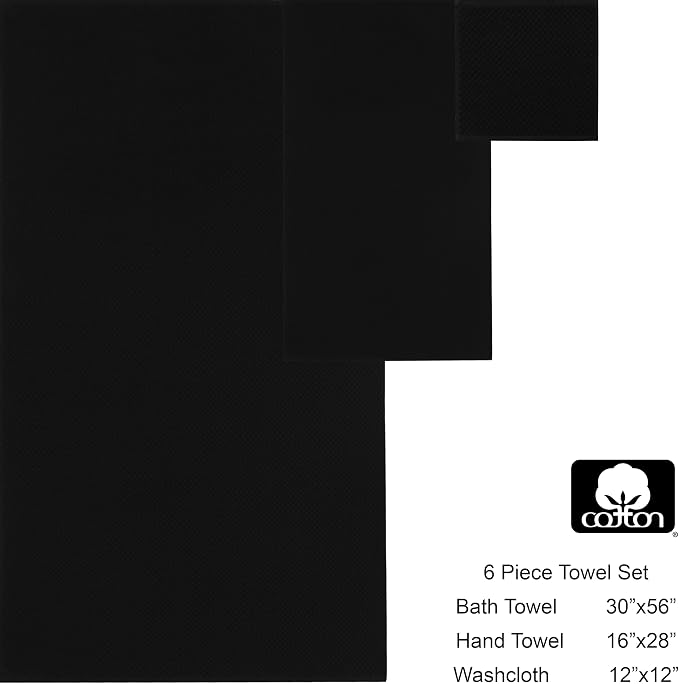 COTTON CRAFT Euro Spa Waffle Weave 6 Piece Towel Set - 100% Cotton - Black | 2 Oversized Luxurious Large Bath Towels, 2 Hand Towels, 2 Washcloths - Soft Plush Super Absorbent Low Lint Quick Dry