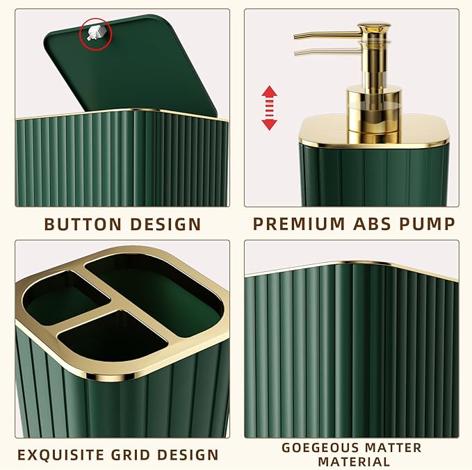 XLHOMO 26PC Bathroom Accessories Set - Gorgeous Green Bathroom Set, Bathroom Accessory Set, Shower Curtain Set with Bathtub Mats for Shower Tub, Trash Can & Soap Dispenser