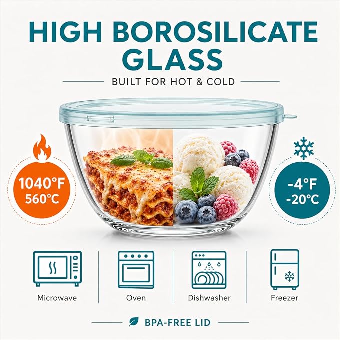 Luvan Glass Mixing Bowls with Lids Set(4.5QT, 2.7QT, 1.1QT)-Large Glass Mixing Bowls, Clear Salad Bowl for Baking, Cooking, Serving, Food Prep, 3PC Nesting Bowls for Kitchen Storage & Dishwasher Safe