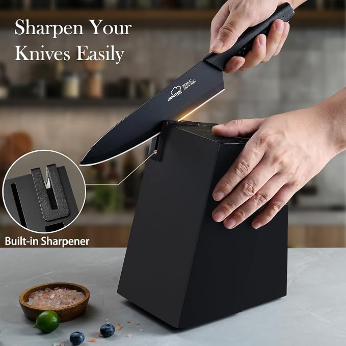 Knife Set, 15 Pieces Kitchen Knife Set with Block Built in Sharpener, Dishwasher Safe, German Stainless Steel Knife Block Set, Elegant Black