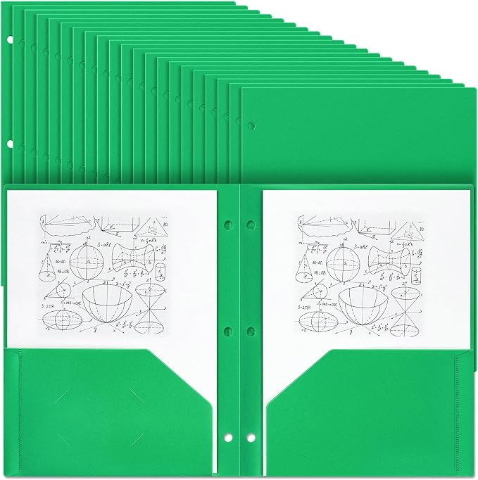 Yeaqee 100 Pcs Plastic Folders with Pockets Bulk 3 Hole Punched 2 Pocket File Folders for 3 Ring Binder Divider Folder for Notebooks, Durable Poly for Office Home (Green)