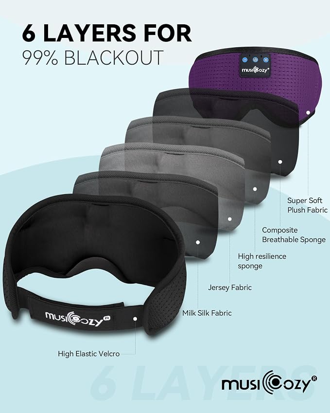 MUSICOZY Sleep Headphones Masks, Bluetooth Sleep Eye Mask for Sleeping for Side Sleepers, Sleeping Masks Headphones Wireless Music Mask Men Women with Speakers Cool Tech Gadgets Gifts(Purple)