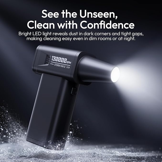 ULANZI AD02 Storm Electric Air Duster V2, 130,000 RPM Compressed Air Duster, 12.5W Fast Charge, Variable Speed, with 200-Mesh Filter & LED Light, Portable Mini Dust Blower for Camer Cleaning