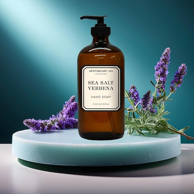 Apothecary 101 Glass Hand Soap Set, Sea Salt Verbena, Huckleberry, Lily Rose, Coconut Citrus, 16 Fl Oz Bottles, Home and Body Company