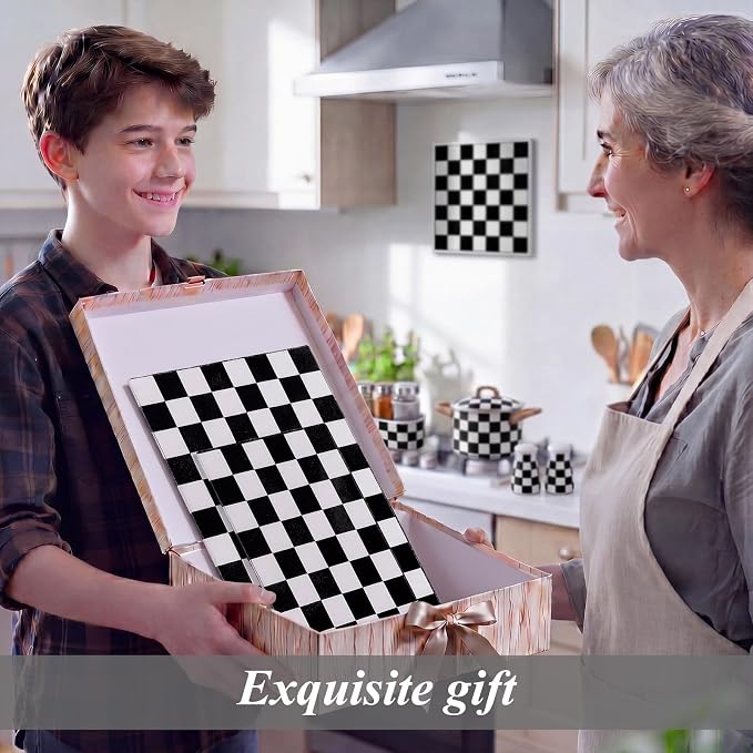 Thenshop Set of 2 Tempered Glass Cutting Boards Black Check Countertop Cutting Boards Heat Resistant with Non-slip Feet for Kitchen Counter Housewarming Wedding Gift 7.9x11inch+11x15 Inch