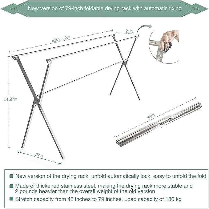 Drying Racks Clothing for Outdoor with 20 Windproof Hooks | Stainless steel Sturdy Lightweight Frame Foldable Portable Design for Indoor and Outdoor Sun Drying of Garments 81.55In