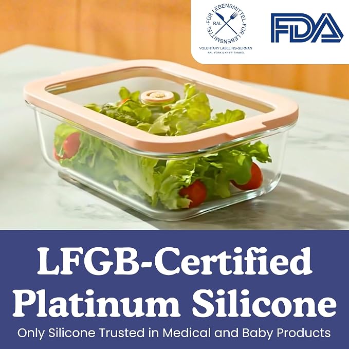 Non-Toxic Glass Food Containers with Lids, 4-Pack, Multi-Size, Beige | Plastic & BPA free. Glass body, glass lid & platinum silicone seal. Airtight & leakproof. Freezer & microwave safe.