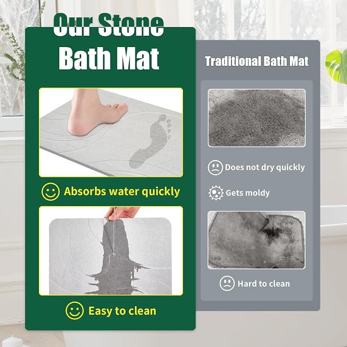 XMarrat Large Stone Bath Mat, Super Absorbent Diatomaceous Earth Bath Mat, Quick Drying Non-Slip Diatomite Stone Bath Mats for Bathroom, Easy to Clean (Light Gray, 31.5" x 19.7")