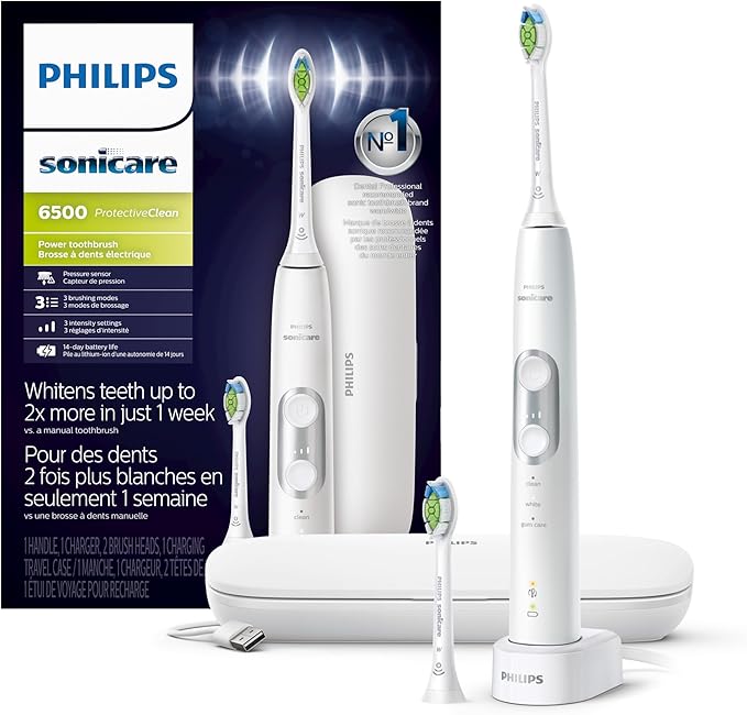 Philips Sonicare ProtectiveClean 6500 Rechargeable Electric Toothbrush, with Pressure Sensor, 3 Cleaning Modes, SmarTimer and QuadPacer, 14-Day Battery Life, Charging Travel Case, White, HX6462/05
