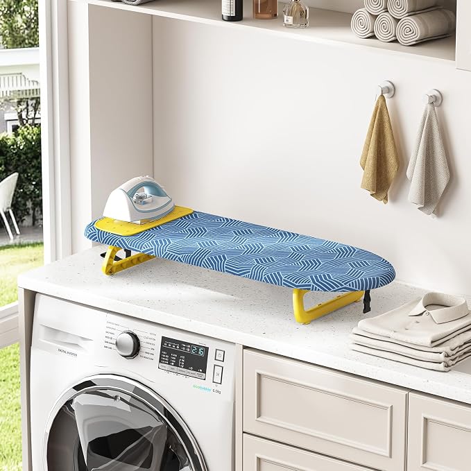 KINGBOARD Tabletop Ironing Board, Small Ironing Board with Iron Mat, Foldable Mini Iron Board, Easy Storage for Travel & Dorm, 12x32 Blue & Yellow