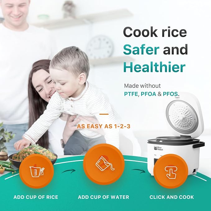 Rice Robot Rice Cooker – Family Size 4 Cup Uncooked (8 Cups Cooked) Electric Rice Maker | PFAS-Free Ceramic Nonstick | Includes Stainless Steel Steamer Tray and Accessories | As Seen on TV
