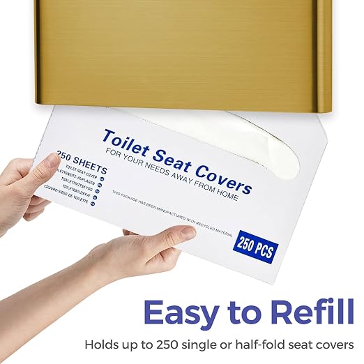 Stardrix Slim Brushed Gold Stainless Steel Toilet Seat Cover Dispenser – Designer Wall-Mount Holder with Curved Edges and Large Capacity for Single or 1/2 Fold Covers, Aesthetic and Modern Look