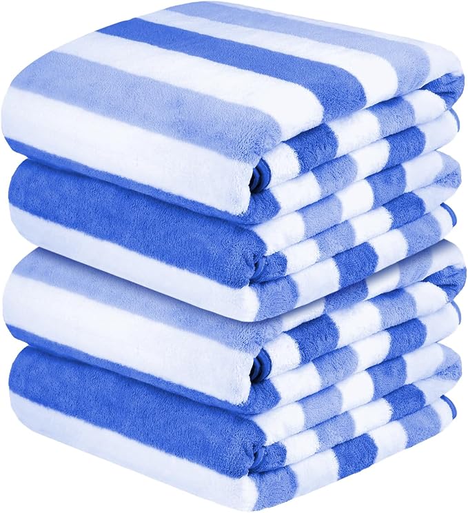 JML Bath Towels, Pack of 4, 30"x60", Large, Cabana Stripe Blue | Hanging Loop, Lint Free, Oversized, Soft, Super Absorbent,Fast Drying, Perfect for Shower, Sauna, Gym, Sports, Fitness, Yoga