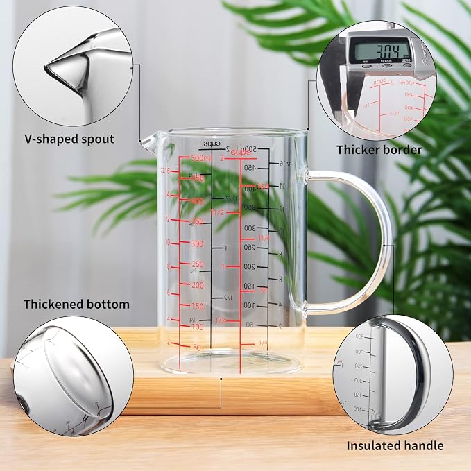 77L Glass Measuring Cup, [Double-Sided Measuring Scale, Insulated handle, V-Shaped Spout], High Borosilicate Glass Measuring Cup for Kitchen or Restaurant, Easy To Read, 500 ML (0.5 Liter, 2 Cup)