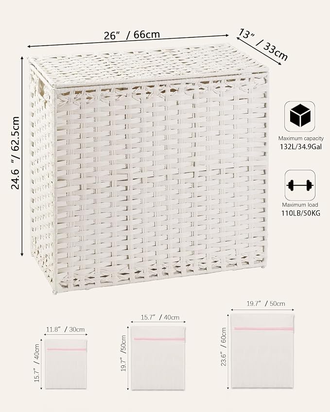 SETVSON Laundry Hamper with Lid Laundry Basket 132 L PE Rattan, White | Large Family Clothes Sorter Trunk with Lid, 3 Compartment Washable Liners, 6 Mesh Bags, Collapsible Steel Frame