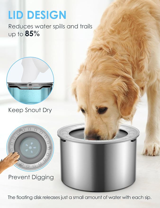 Heouvo 2.6 Gallon No Spill Dog Water Bowl with Slow Drink Floating Disk | Splash-Proof Lid + Stainless Steel Bowl/Rubber Bottom/Slobber Stopper Water Bowl for Large Sloppy Messy Drinkers Reduce Mess