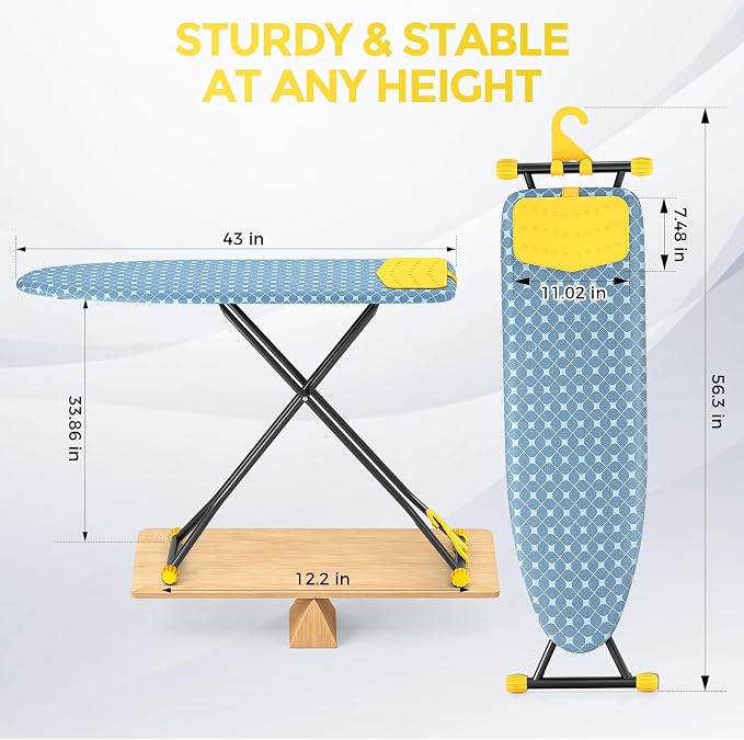 APEXCHASER Ironing Board with Iron Rest, Compact and Space Saver Iron Board, Extra Thick Cover, Height Adjustable, Wall Mount & Closet Hanger 13x43 Yellow