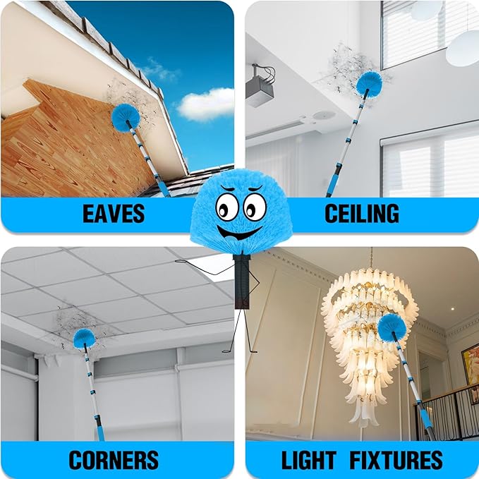 18FT Reach Cobweb Duster with Extension Pole - Spider Web Brush for Cleaning with 3-12FT 4-Section Flip-Lock Telescopic Pole, Effortlessly Cleans High Indoor & Outdoor Webs