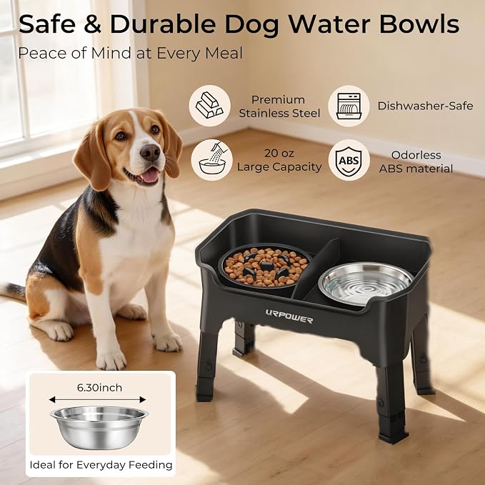 URPOWER Mess Proof Elevated Dog Bowls for Small Dogs with Slow Feeder | No Spill Water Bowl, Slow Feeder Dog Bowls, Non-Slip Food and Water Bowl Set for Small, Medium & Large Dogs