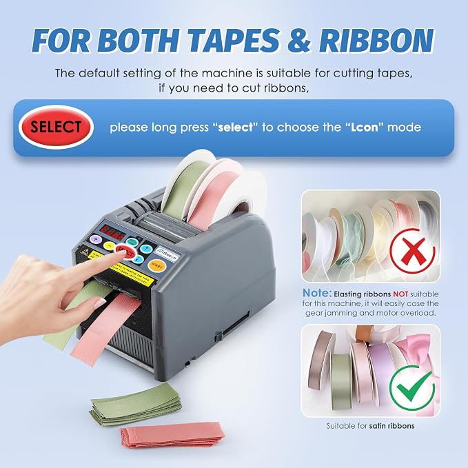 Automatic Tape Dispenser, Electric Ribbon Cutting Machine | Upgraded Silicone Wheel for 6-60mm Width Tape/Ribbon, Max. Cutting Length 999mm, 110V, Unsuitable for Elastic Ribbons