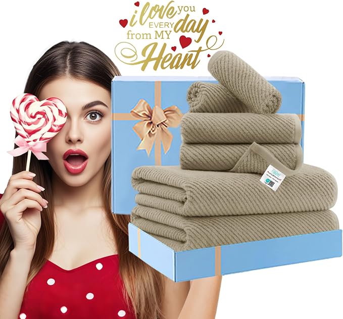 VOOVA & MOVAS 6PC Towel Set, 100% Cotton, Dark Beige | 2 Bath 30x56 In, 2 Hand 18x28 In, 2 Washcloths 13x13 In, Soft, Thick, Quick Dry, Luxury Towel Gift Set