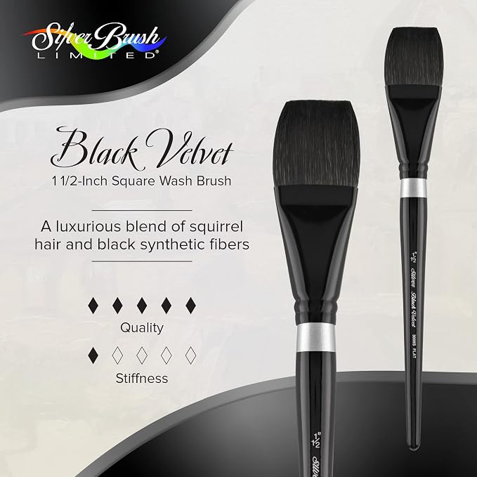 Silver Brush Limited 3008S-1-1/2 Black Velvet Square Wash Paintbrush for Watercolor, Gouache, Inks, & Dyes, Size 1-1/2 Inches, Short Handle