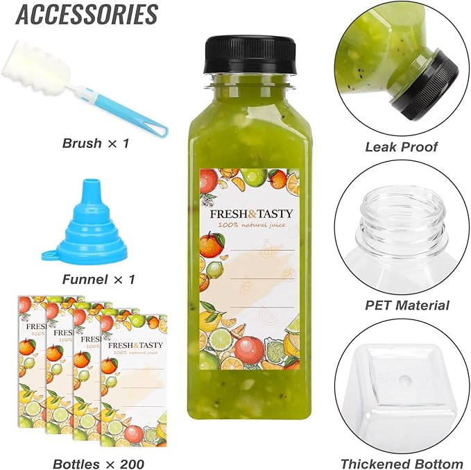 TOMNK 200pcs Juice Bottles, 12oz Reusable Plastic Juice Bottles with Caps and Labels, Funnel, Brush Beverage Containers for Juicing, Smoothies, Tea, Milk
