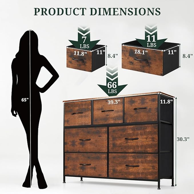 7-Drawer Dresser for Bedroom, Anti-Tip Wide Storage Organizer Fabric Chest of Drawers TV Stand for 45" TV with Wooden Top and Metal Frame for Closet, Living Room, Hallway, Entryway, Brown