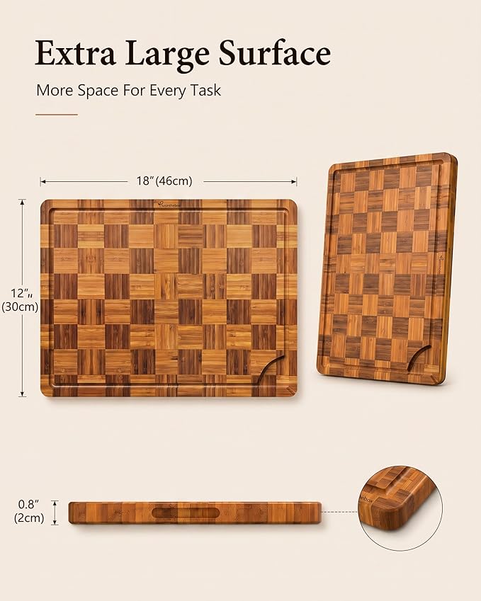 Bamboo Cutting Board 18" x 12", Heavy Duty Checkered End Grain Butcher Block for Kitchen with Deep Juice Grooves and Handles for Meat, Cheese, Charcuterie and Dough
