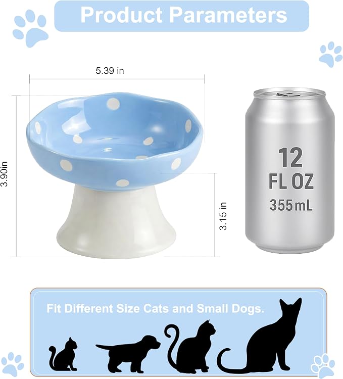 Blue Mushroom Cat Bowl, Elevated Ceramic Bowl for Cats | Cute Mushroom Design, Elevated, Ceramic, Whisker Friendly, Anti Vomiting