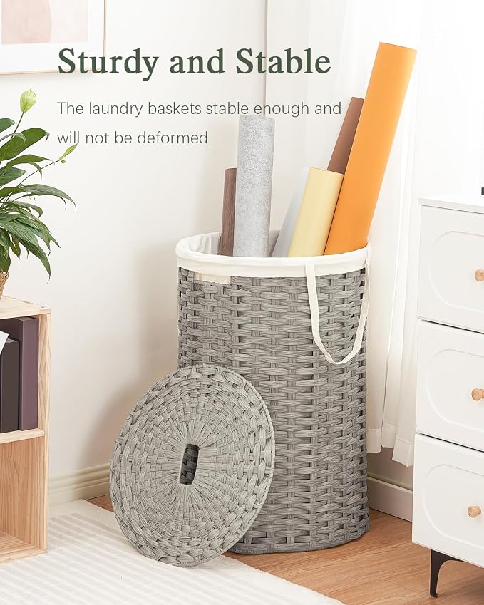SETVSON Large Laundry Hamper Laundry Basket with Lid, Round PE Rattan, Gray | 130L Large Woven Basket with Lid, Removable Washable Liner Bag, 2 Mesh Laundry Bags, Foldable Long Side Handles