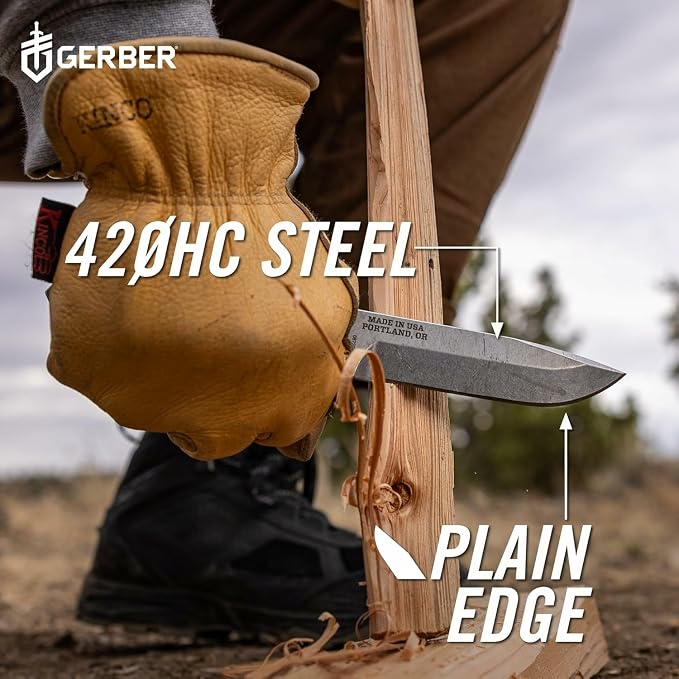 GERBER GEAR Strongarm Camp - Fixed Blade Camping Knife for Controlled Cuts For First Aid Or Cutting Rope Made With 420HC Full Tang Plain Edge Blade And Diamond-Textured Grippy Handle-Made in USA- Gray