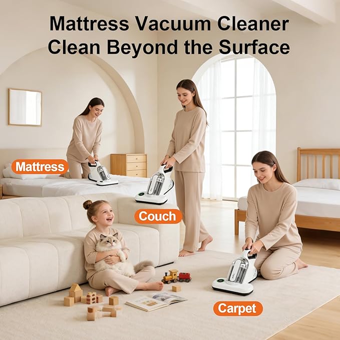 TER Bed Vacuum Cleaner, Smart Dust Sensor, HEPA Filter, 16Kpa Strong Suction & 35000 RPM Tapping, 131°F Heat, 5-in-1 Deep Cleaning Mattress Vacuum Cleaner UV for Bed/Couch/Pet Hair (Corded)