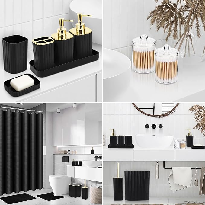 XLHOMO 26PC Bathroom Accessories Set - Gorgeous Black Bathroom Set, Bathroom Accessory Set, Black Shower Curtain Set with Bathtub Mats for Shower Tub