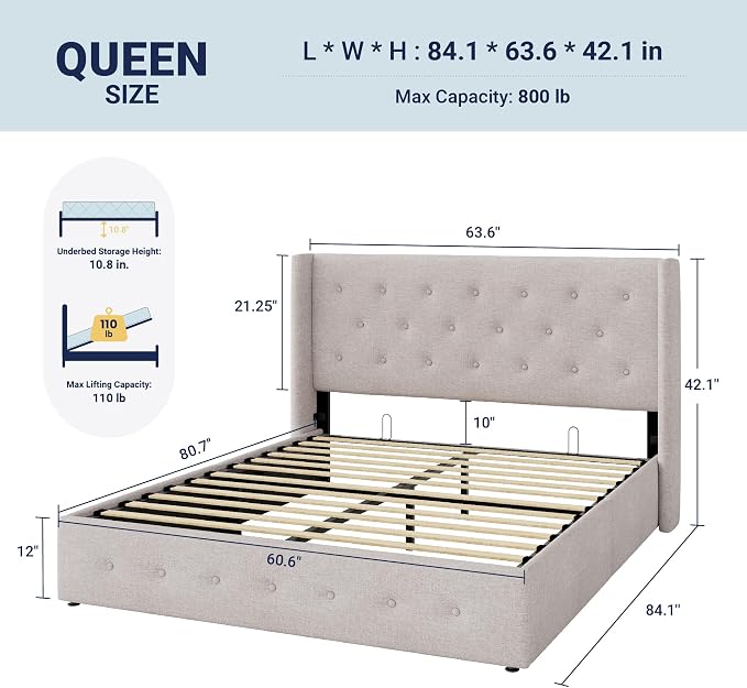 Allewie Queen Size Lift Up Storage Button-Tufted Bed Frame Light Beige | Modern Wingback Headboard, Hydraulic Support Storage, No Box Spring Needed