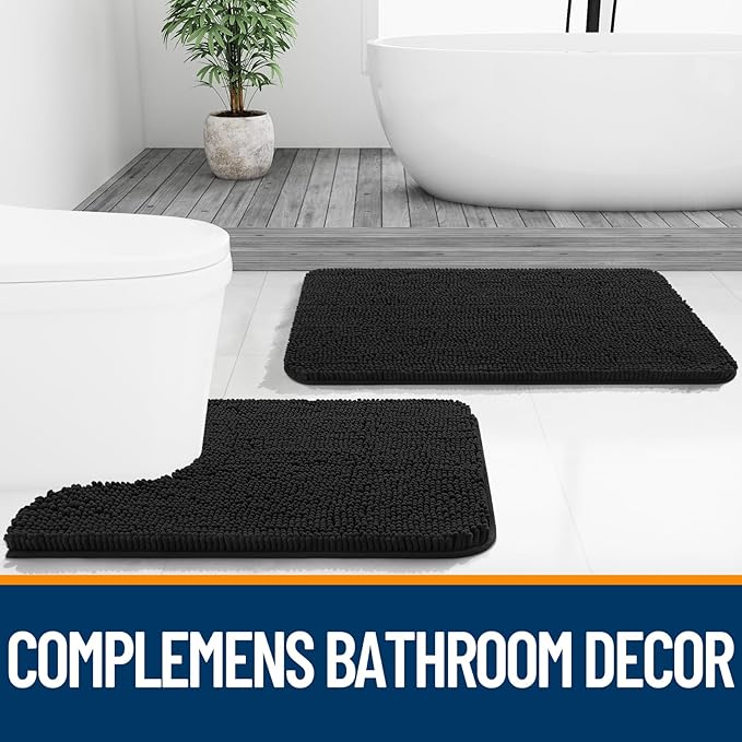 OLANLY Bathroom Rugs 35x24, Extra Soft Absorbent Chenille Bath Rugs, Rubber Backing Quick Dry, Machine Washable Bath Mats for Bathroom Floor, Tub and Shower, Home Decor Accessories, Black