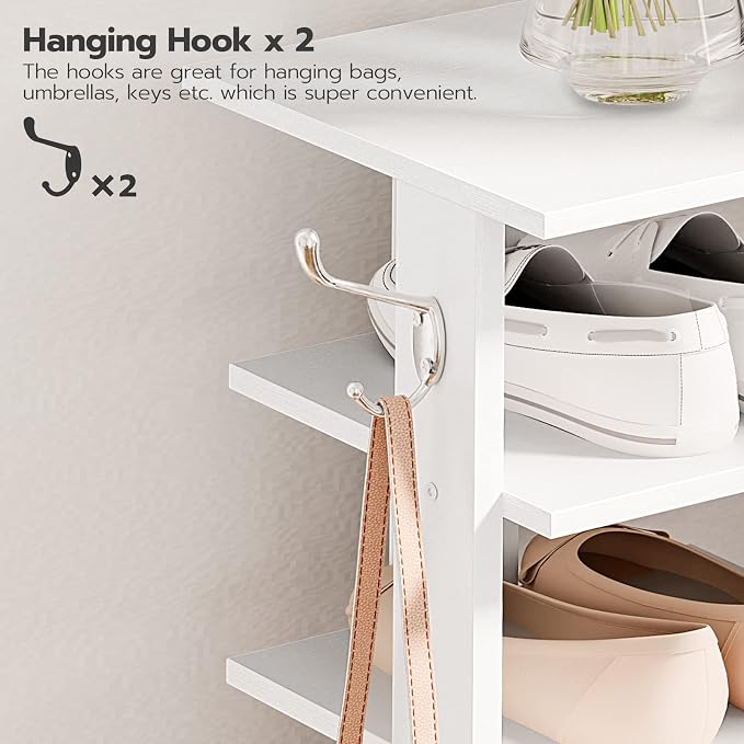 HOOBRO 8 Tiers Vertical Shoe Rack, Wooden Shoe Storage Organizer with Hooks, Narrow Shoe Tower for 8 Pairs, Space Saving, for Entryway, Living Room, Bedroom, White WT07XJ01G1