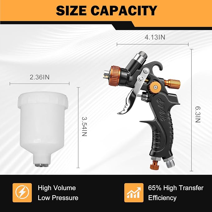 Mini HVLP Air Spray Gun with 0.8/1.0 mm Nozzles and 5pcs 200ML Disposable Paint Cups, 125 cc Cup Gravity Feed Air Paint Sprayer Touch UP Spray Gun for Car Furniture Painting, Detail Repair (Orange)