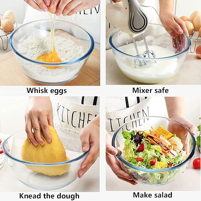 Homwin Glass Mixing Bowl Set for Baking 3-Piece Salad Bowl Set (1qt, 2.5qt, 4.2qt), High Brosilicate Large Bowls for Kitchen Prepping Serving and Storage, Microwave Dishwasher Oven Safe