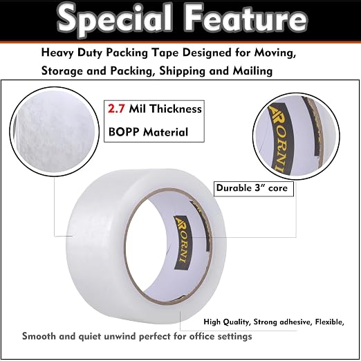 Clear Packing Tape Heavy Duty Refill Rolls Sealing Great for Packing Box Shipping and Moving Supplies Packaging 36 Rolls 1.88" x 65 Yards 3" Core 2.7 Mil Thick Adhesive