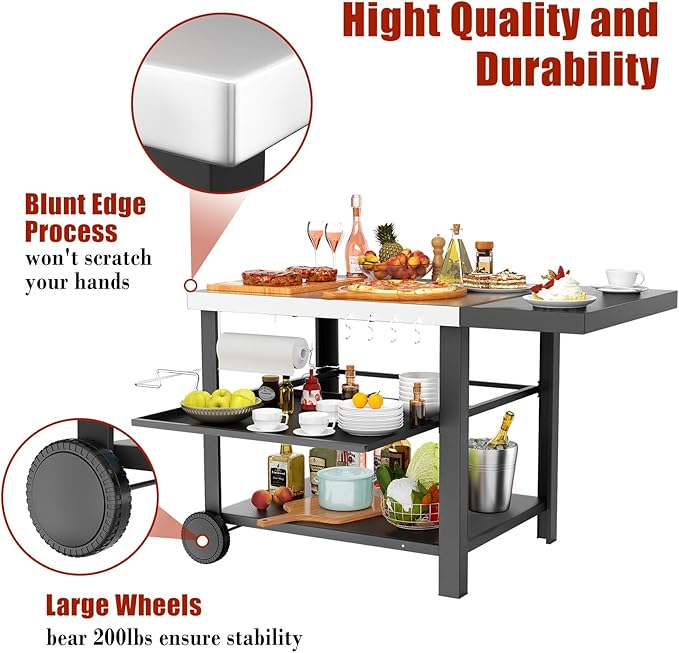 Outdoor Kitchen Island Cart with Side Table | 3-shelf movable prep station for Ninja Woodfire, Blackstone griddles and pizza ovens
