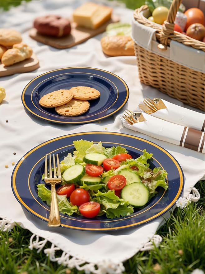 WDF Partyware 350PCS Navy Blue and Gold Plastic Plates with Rolled Napkins Include Dinner Plate 10’’, Dessert Plate 7’’, gold Cups 9 OZ, Pre Rolled Napkins for Birthday/Wedding/Party