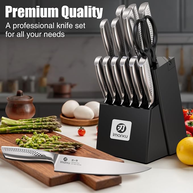 imarku® Kitchen Knife Set, 15 Pcs Japanese Knife Set with Block, Premium Razor-Sharp Chef Knives Set for Kitchen with Sharpener, Rust-Proof, Ergonomic Full-Tang Handle, Black